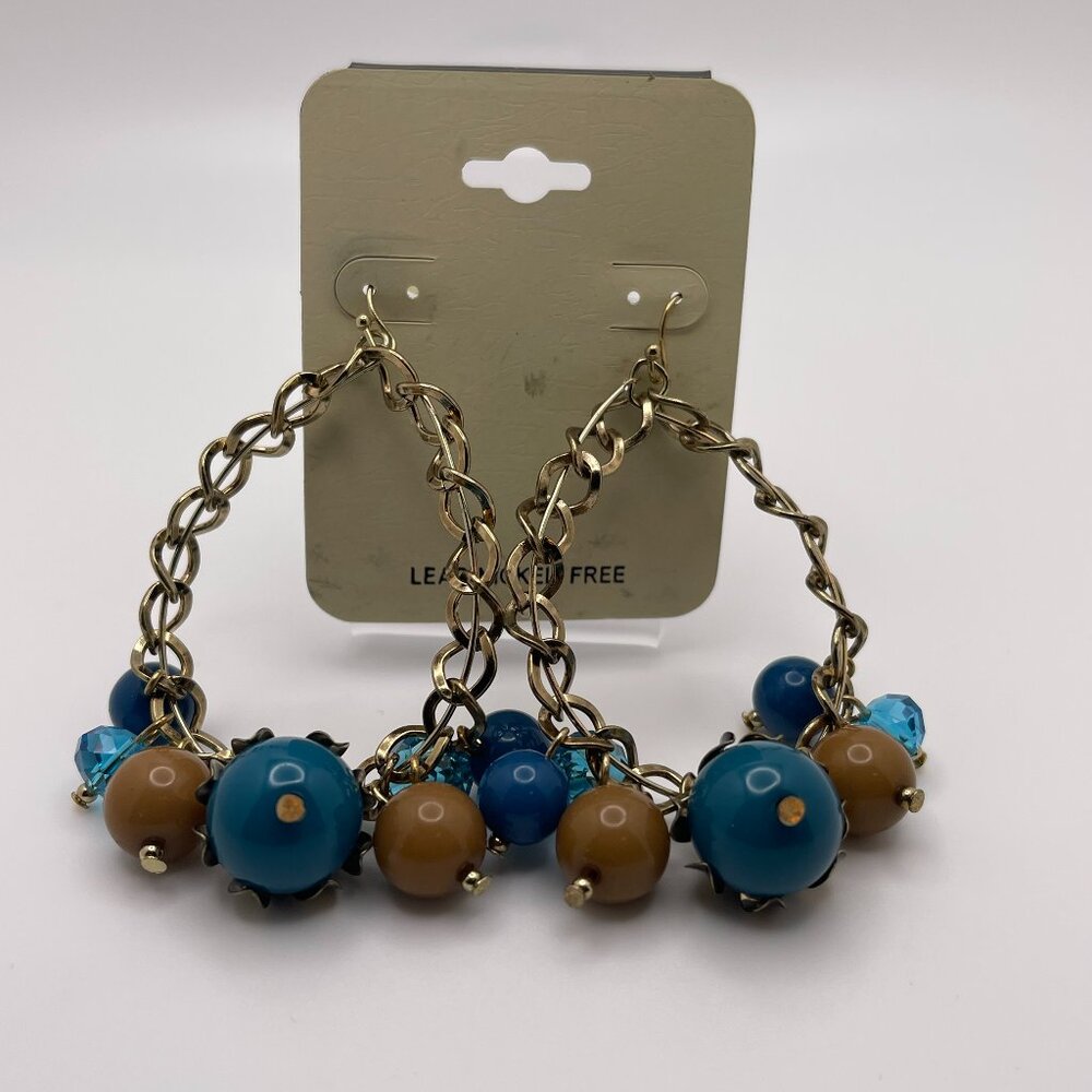 Women's large hoop teal beaded boho style earrings